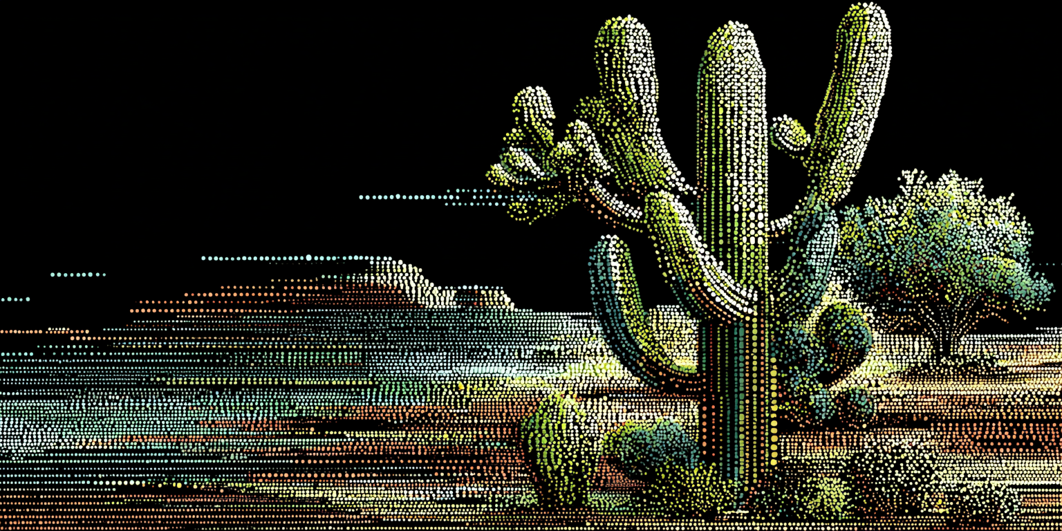 Cactus workstation — a retro computer desk surrounded by cacti and greenery